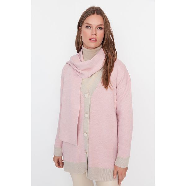 Trendyol Trendyol Light Pink Thin Striped Cardigan-Scarf Double Knitwear Set
