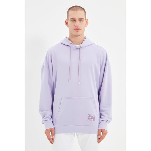 Trendyol Trendyol Lilac Men's Hoodie Oversize Slogan Label Sweatshirt