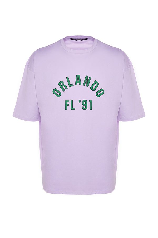 Trendyol Trendyol Lilac Men's Oversize Fit 100% Cotton Crew Neck Printed T-Shirt