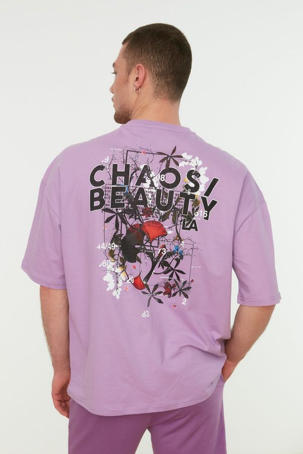 Trendyol Trendyol Lilac Men's Oversize Fit 100% Cotton Crew Neck Short Sleeve Printed T-Shirt