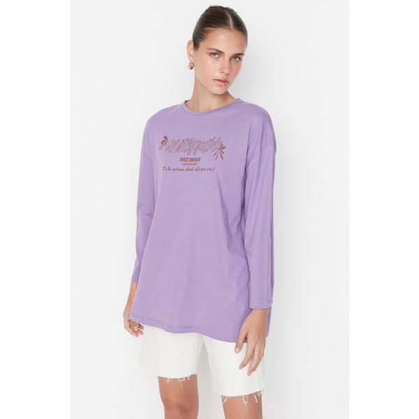 Trendyol Trendyol Lilac Printed Oversize Knitted T-shirt