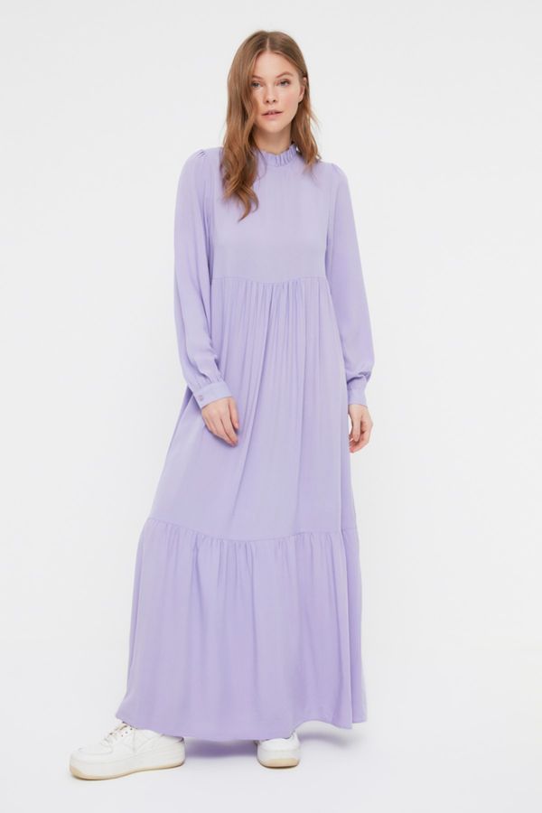 Trendyol Trendyol Lilac Stand Up Collar Ruffle Detailed Woven Dress