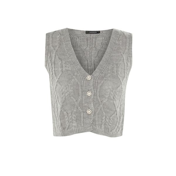 Trendyol Trendyol Limited Edition Gray Jewel Button Detailed Knitwear Sweater