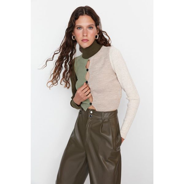 Trendyol Trendyol Limited Edition Khaki Button Detailed Knitwear Sweater