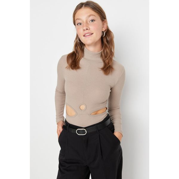 Trendyol Trendyol Mink Cutout Detailed Stand Collar Ribbed Snap Snap Knitted Body