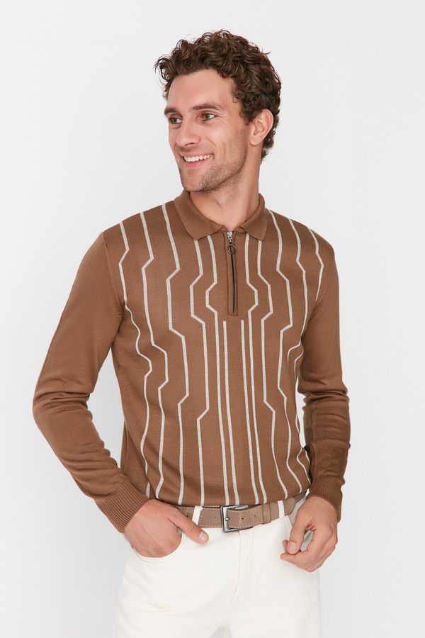 Trendyol Trendyol Mink Men Slim Fit Polo Collar Zippered Jacquard Knitwear Sweater