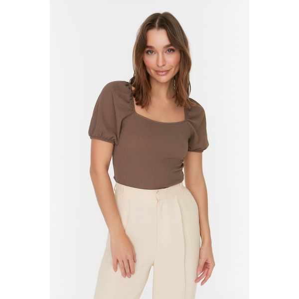 Trendyol Trendyol Mink Square Neck Crepe Fitted Knitted Blouse