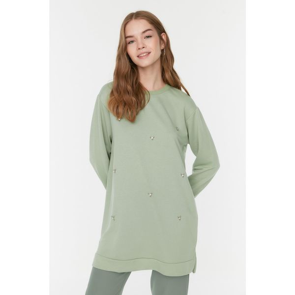 Trendyol Trendyol Mint 100% Cotton Stone Embroidered Crew Neck Knitted Tunic