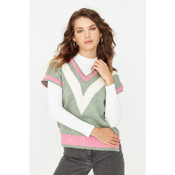 Trendyol Trendyol Mint Color Block V Neck Knitwear Sweater