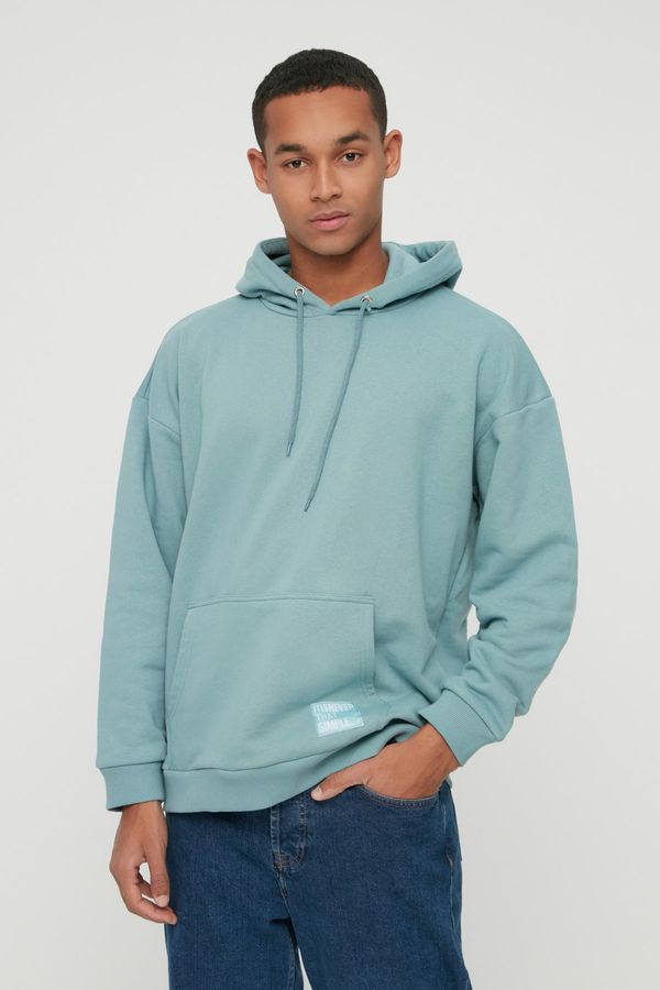 Trendyol Trendyol Mint Men's Hoodie Oversize Slogan Label Sweatshirt