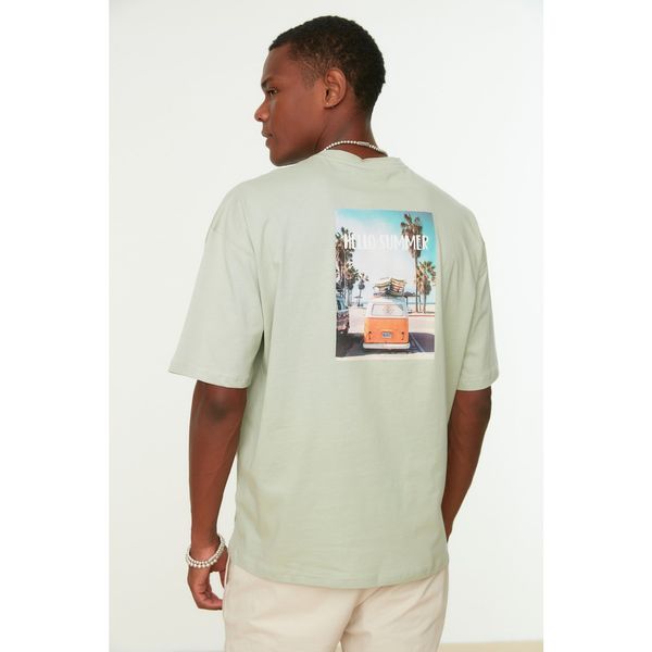Trendyol Trendyol Mint Men's Short Sleeve Printed Oversize Fit 100% Cotton T-Shirt