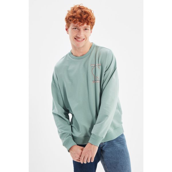 Trendyol Trendyol Mint Męska Oversize Crew Neck Bluza z długim rękawem z nadrukiem