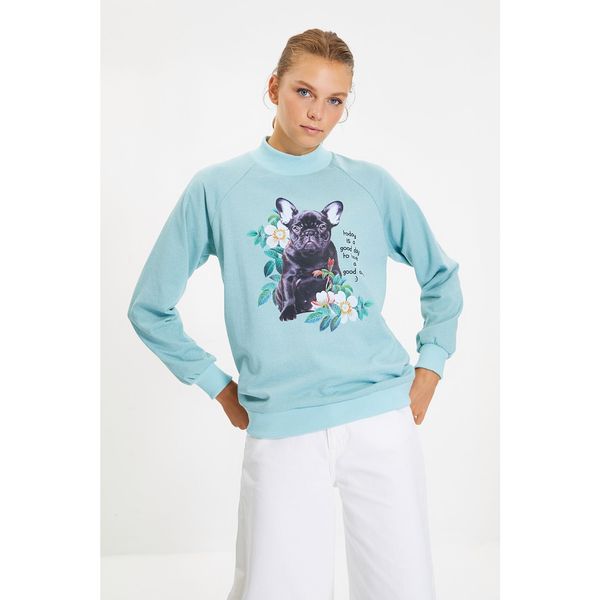 Trendyol Trendyol Mint Stand Collar Loose Printed Knitted Sweatshirt