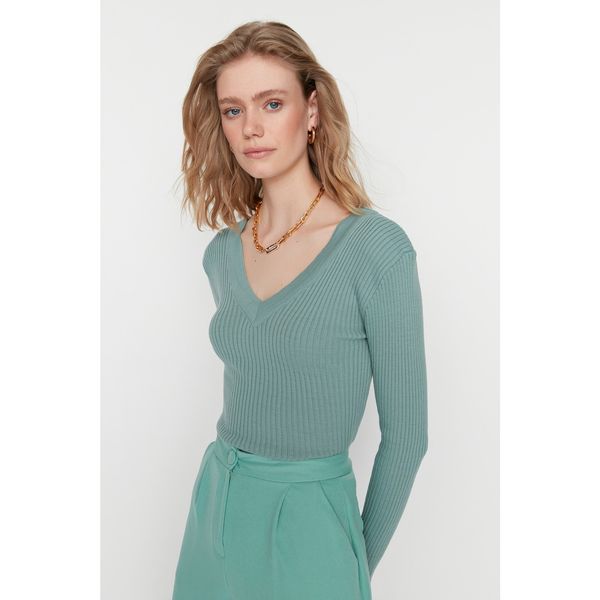 Trendyol Trendyol Mint V-Neck Corduroy Knitwear Sweater