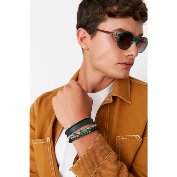 Trendyol Trendyol Multi Colored Men's Genuine Leather & Natural Stone 3-Pack Bracelet