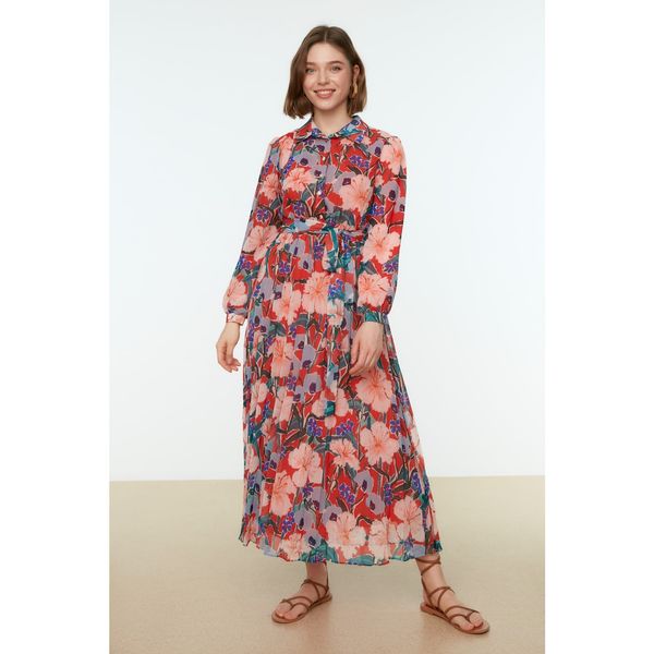 Trendyol Trendyol Multicolored Floral Pattern Belted Shirt Collar Chiffon Woven Dress