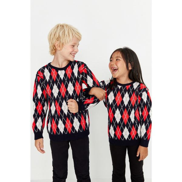 Trendyol Trendyol Navy Blue Baklava Pattern Boy Knitwear Family Combination Sweater