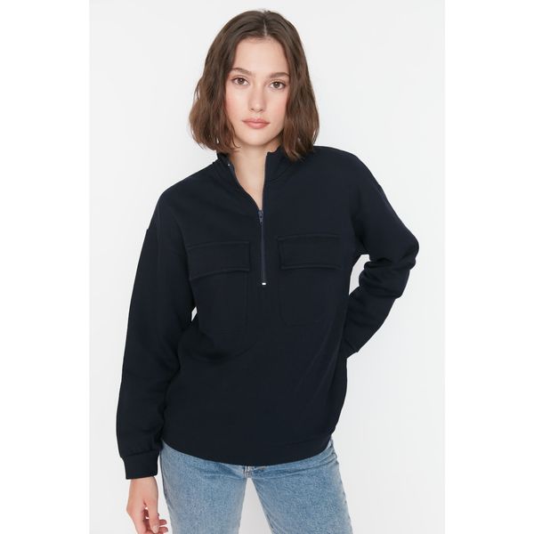 Trendyol Trendyol Navy Blue Basic Stand Up Collar Raised Knitted Sweatshirt