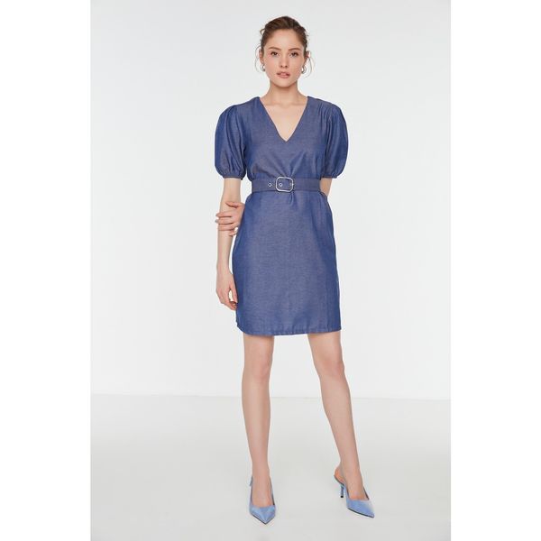 Trendyol Trendyol Navy Blue Belted Balloon Sleeve Dress