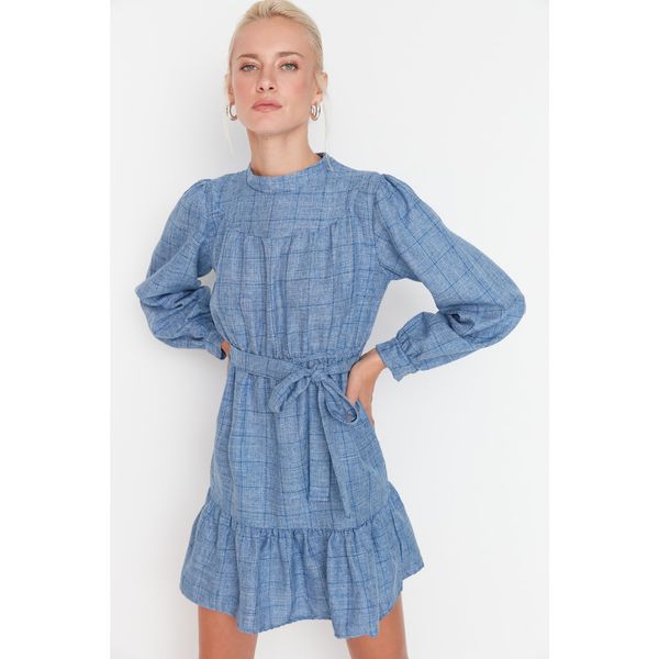 Trendyol Trendyol Navy Blue Belted Plaid Dress