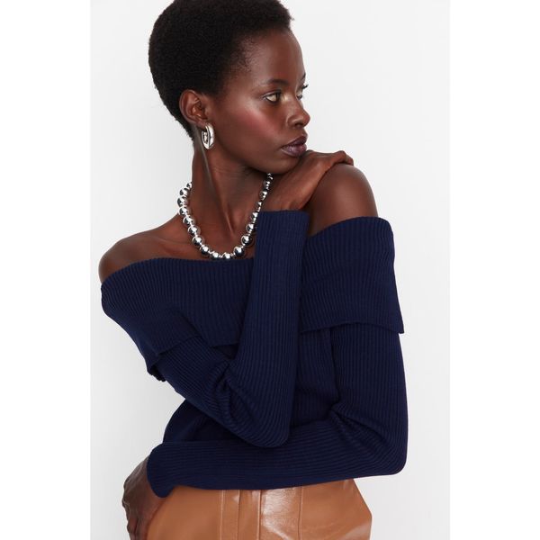 Trendyol Trendyol Navy Blue Carmen Collar Crop Knitwear Sweater