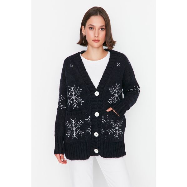 Trendyol Trendyol Navy Blue Christmas Themed Oversize Knitwear Cardigan