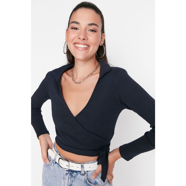 Trendyol Trendyol Navy Blue Double Breasted Corduroy Knitted Blouse