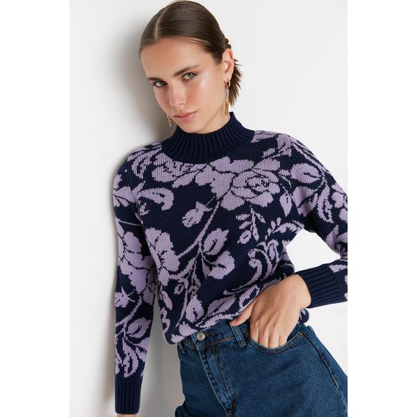 Trendyol Trendyol Navy Blue Floral Jacquard Knitwear Sweater