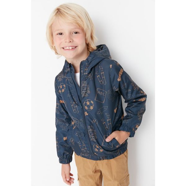 Trendyol Trendyol Navy Blue Hooded Pocket Detailed Patterned Boy's Raincoat