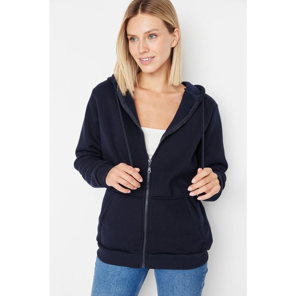 Trendyol Trendyol Navy Blue Hooded Zipper Boyfriend Knitted Thick Sweatshirt