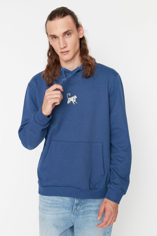 Trendyol Trendyol Navy Blue Men's Basic Regular Fit Hooded Sweatshirt with Embroidery Sweatshirt