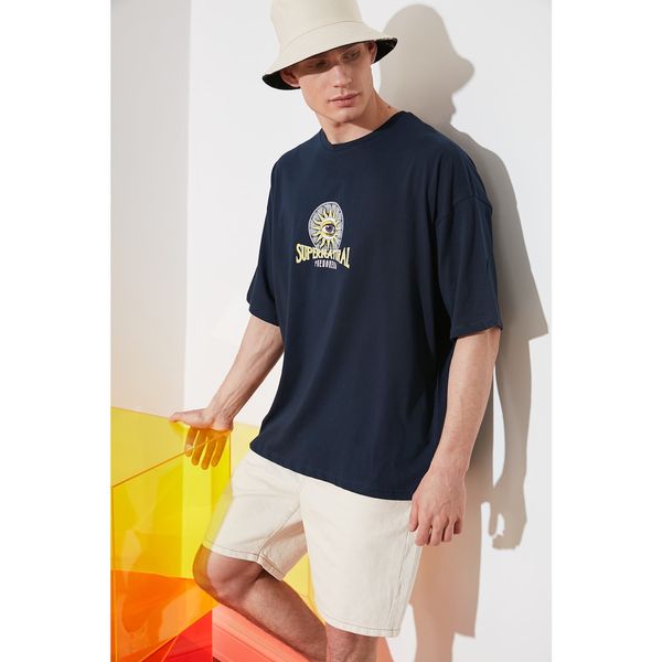 Trendyol Trendyol Navy Blue Men's Oversize Back Printed Short Sleeved T-Shirt