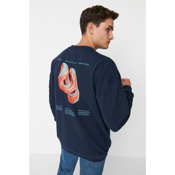 Trendyol Trendyol Navy Blue Men's Oversize Crew Neck Back Printed Soft Fluffy Sweatshirt