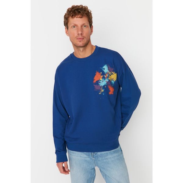 Trendyol Trendyol Navy Blue Men's Oversize Fit Crew Neck Printed Sweatshirt