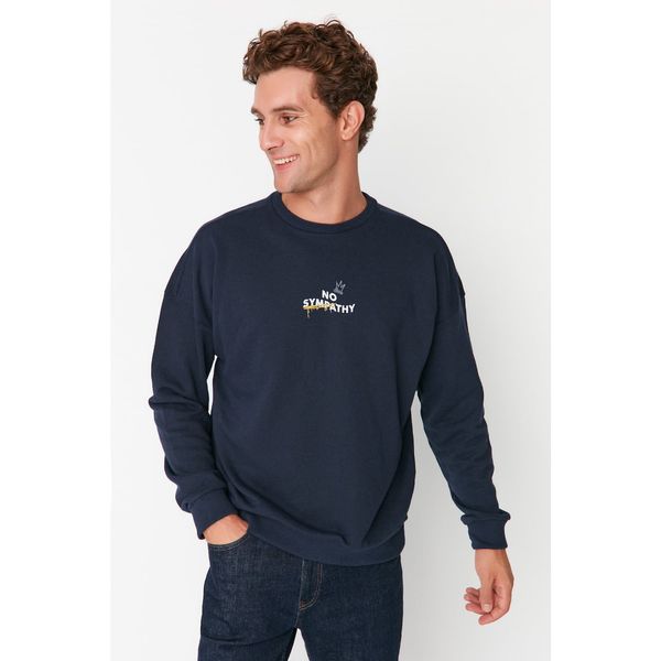 Trendyol Trendyol Navy Blue Men's Oversize Fit Crew Neck Printed Sweatshirt
