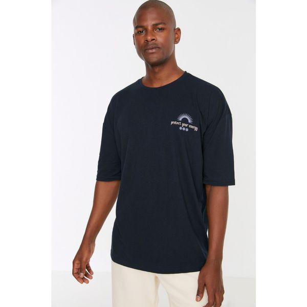 Trendyol Trendyol Navy Blue Men's Oversize Fit Crew Neck Short Sleeve Printed T-Shirt