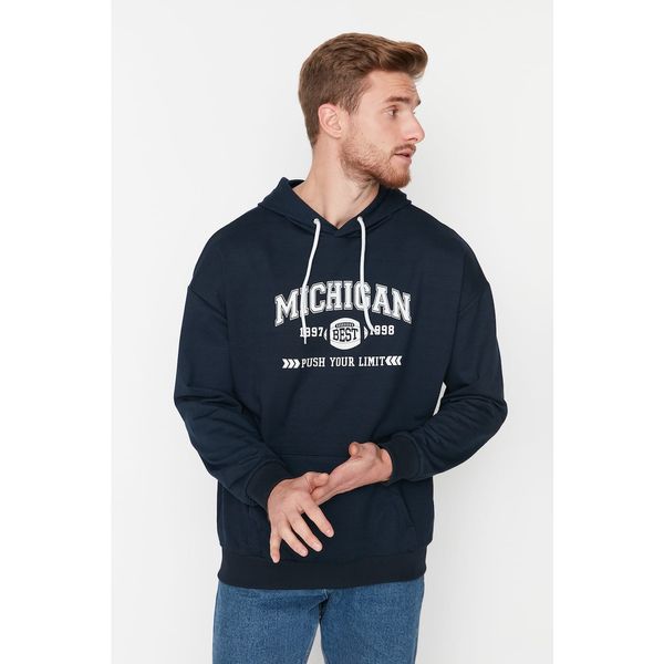 Trendyol Trendyol Navy Blue Men's Oversize Fit Hoodie Slogan Printed Sweatshirt