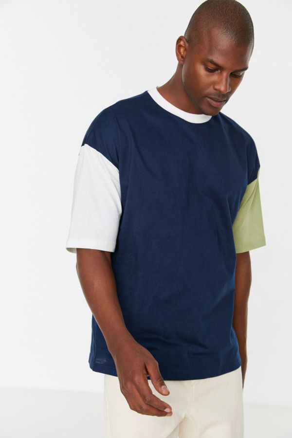 Trendyol Trendyol Navy Blue Men's Oversize Fit Short Sleeve Crew Neck Paneled T-Shirt