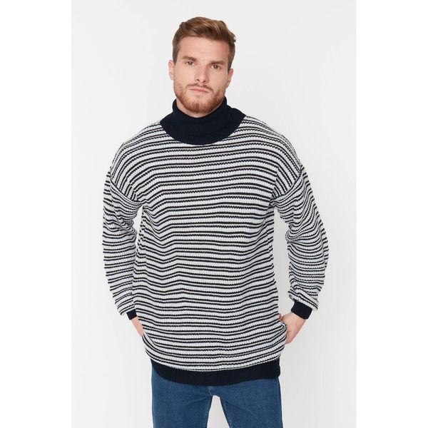 Trendyol Trendyol Navy Blue Men's Oversize Fit Turtleneck Striped Knitwear Sweater