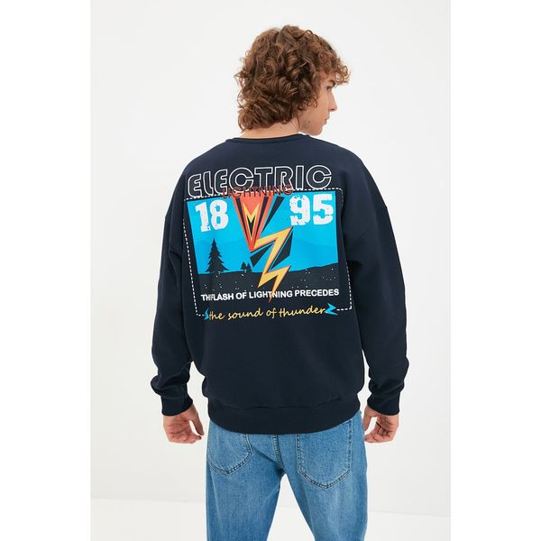 Trendyol Trendyol Navy Blue Men's Printed Oversize Fit Sweatshirt