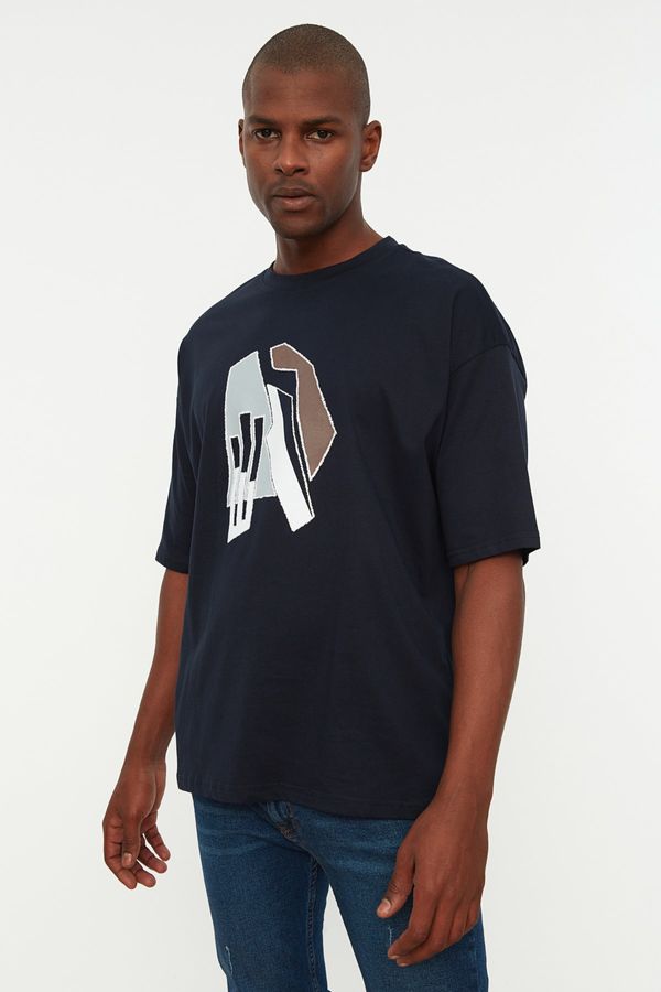 Trendyol Trendyol Navy Blue Men's Short Sleeve Oversize Fit 100% Cotton Printed TShirt