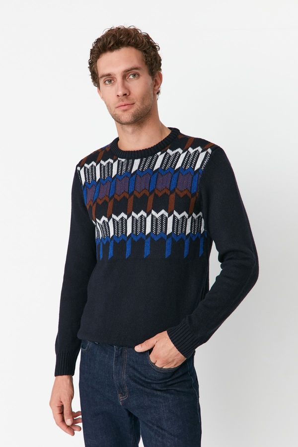 Trendyol Trendyol Navy Blue Men's Slim Fit Crew Neck Patterned Knitwear Sweater