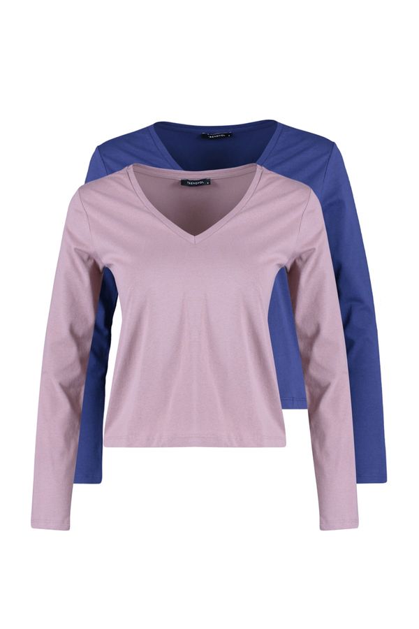 Trendyol Trendyol Navy Blue-Mink 2-Pack Long Sleeve V-Neck Basic Knitted T-Shirt
