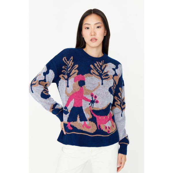Trendyol Trendyol Navy Blue Oversize Patterned Knitwear Sweater