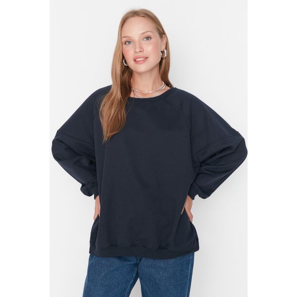 Trendyol Trendyol Navy Blue Raglan Sleeve Oversize Thick Knitted Sweatshirt