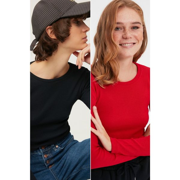 Trendyol Trendyol Navy Blue-Red 2-Pack Ribbed Crew Neck Knitted Blouse