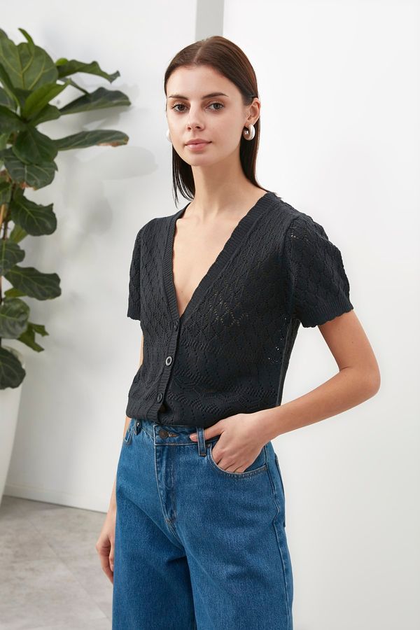 Trendyol Trendyol Navy Blue Short Sleeve Knitted Detailed Knitwear Blouse