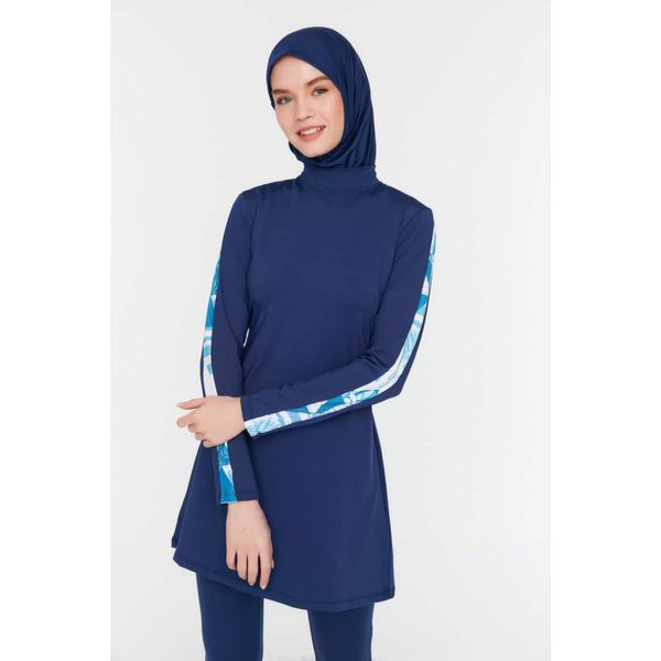 Trendyol Trendyol Navy Blue Sleeve Printed Long Sleeve Knitted 4-Piece Hijab Swimsuit Set