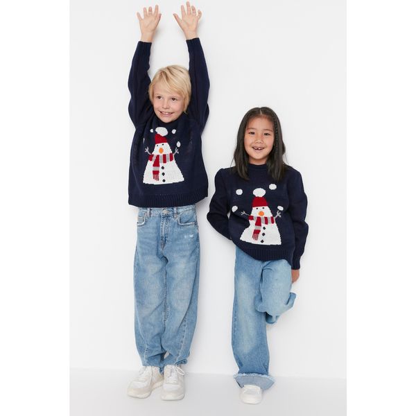 Trendyol Trendyol Navy Blue Snowman Jacquard Unisex Kids Knitwear Sweater