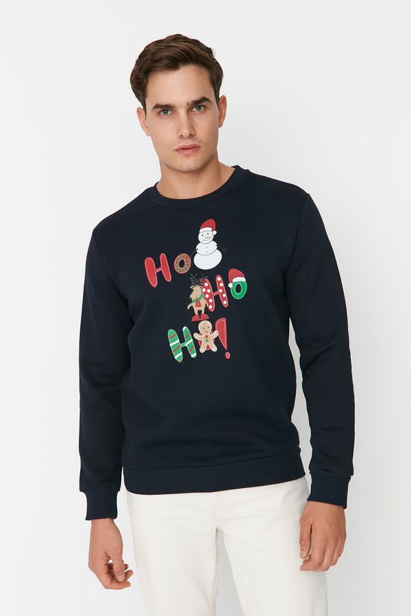 Trendyol Trendyol Navy Men Regular Fit Crew Neck Christmas Theme Printed Sweatshirt